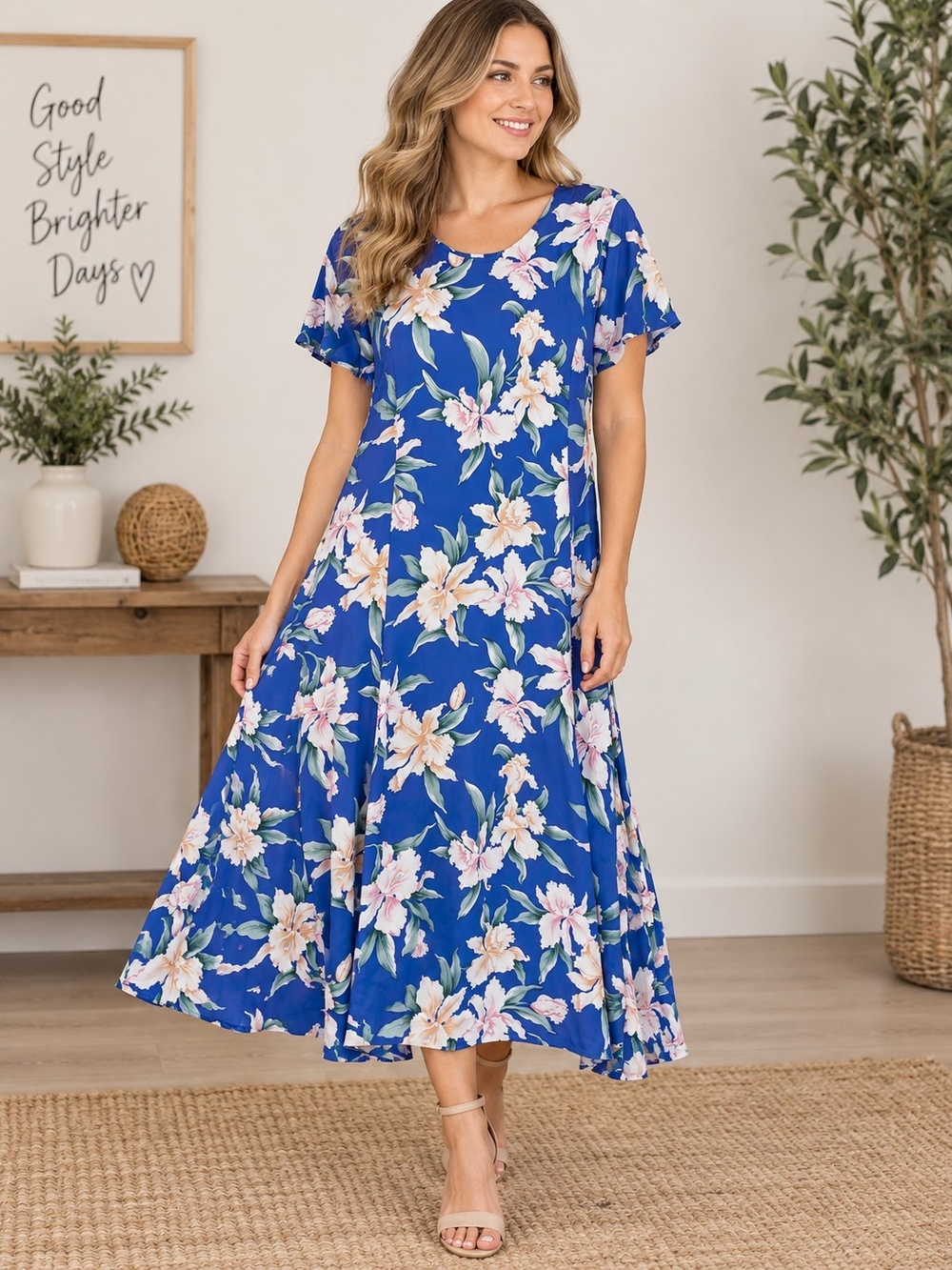 A52. Paradise Bay Hawaiian Tropical Hibiscus Floral Blue Muumuu Maxi Dress Small